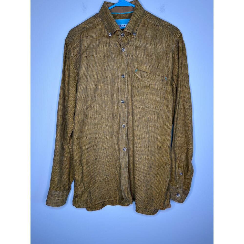 32 Bar Blues Mustard Yellow Textured Linen Cotton Stitch Accent Oxford Shirt M